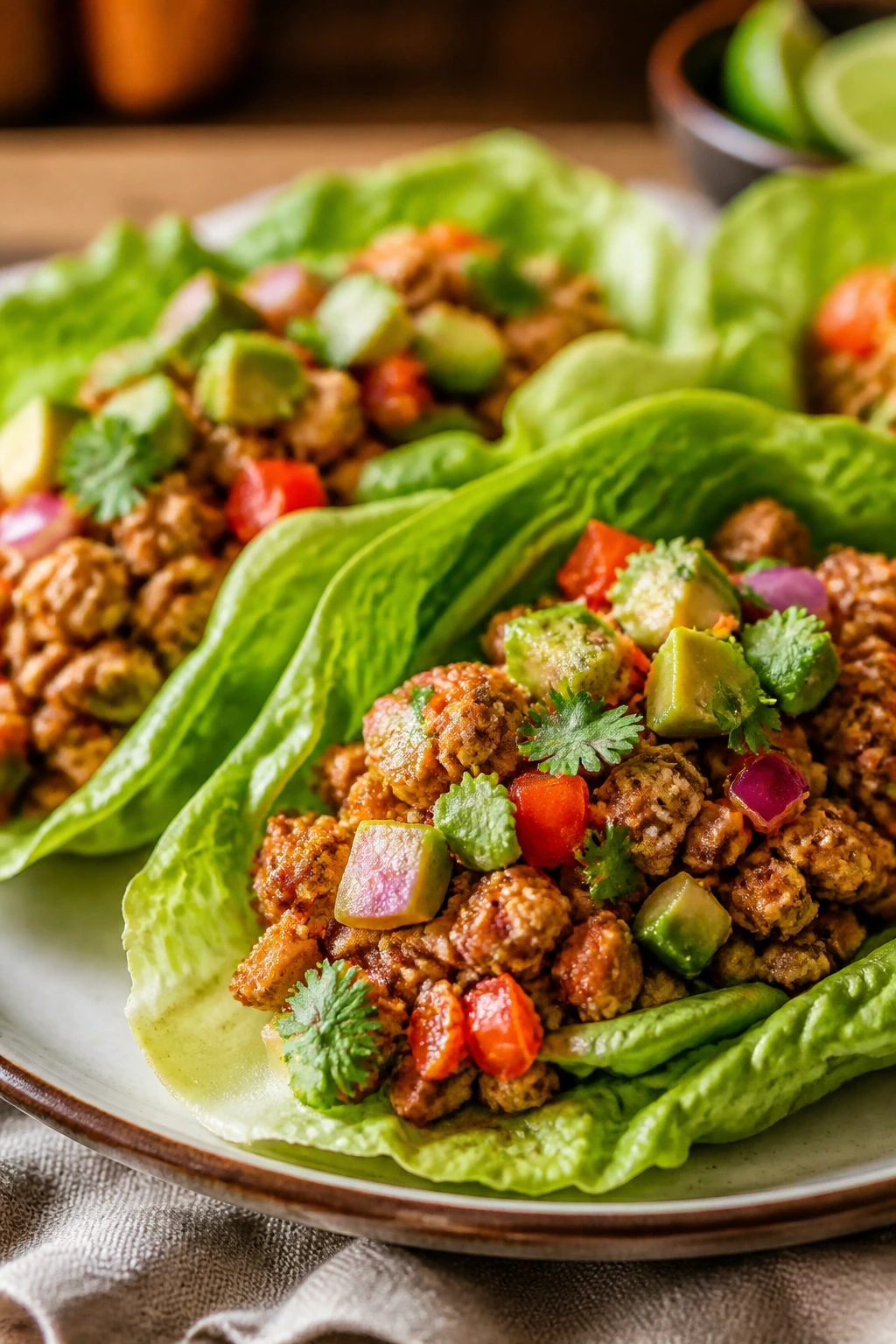 Lettuce wraps filled with tempeh and veggies on plate