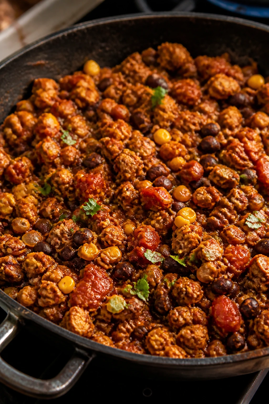 Close-up of tempeh taco skillet filled with beans and corn.