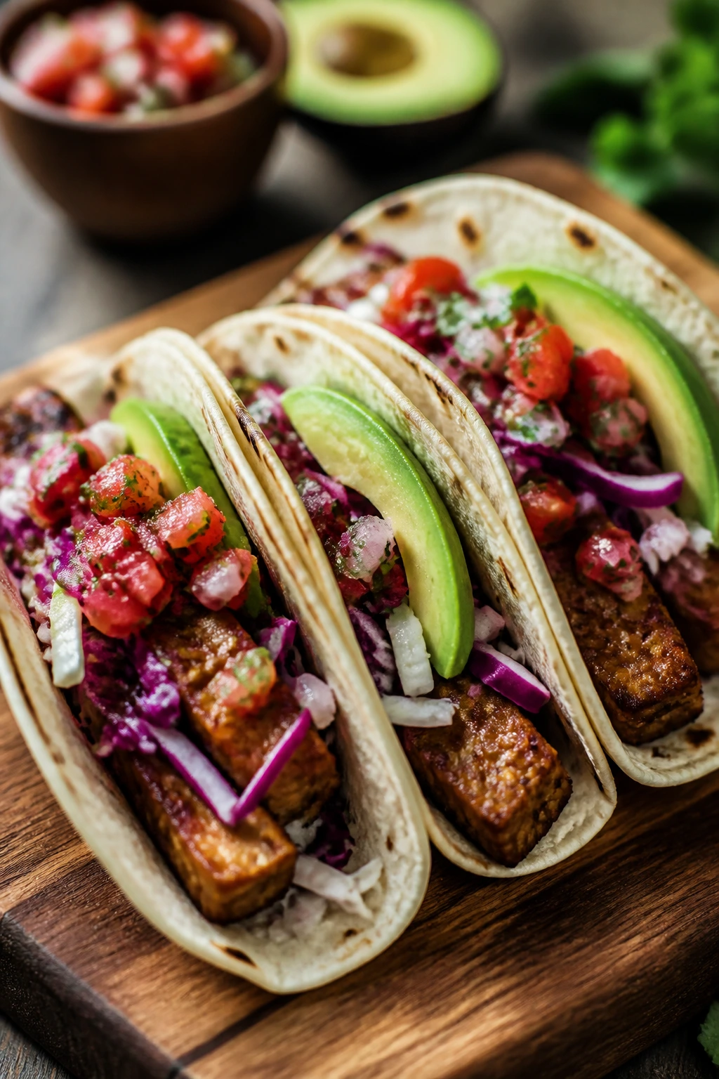 Tacos filled with tempeh, slaw, avocado on a wooden board