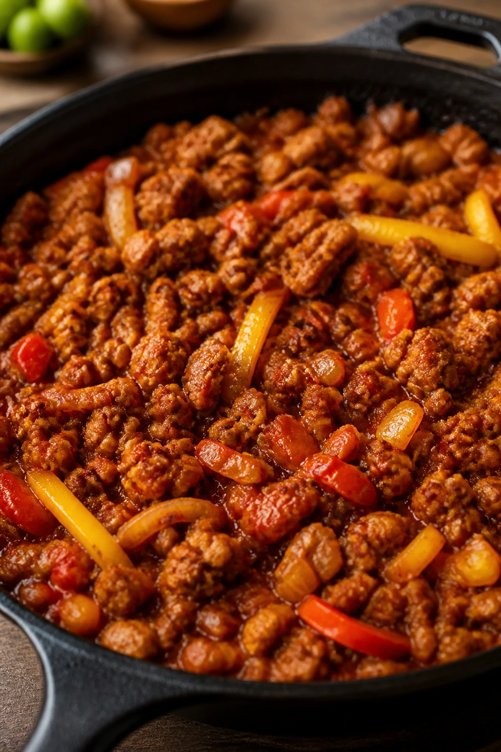 Close-up of tempeh taco skillet with peppers and onions.