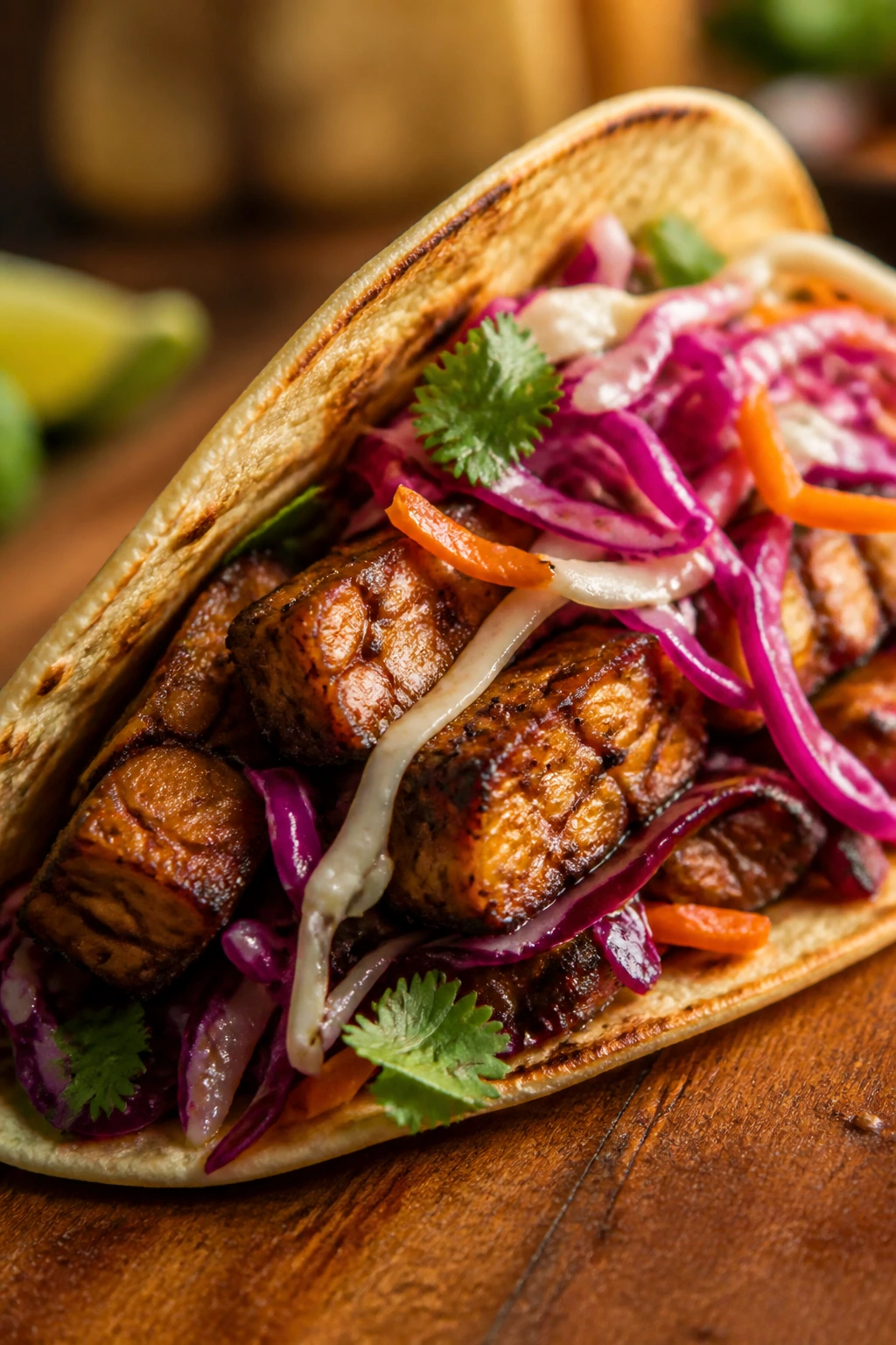 Close-up of tempeh taco half with chipotle cabbage slaw