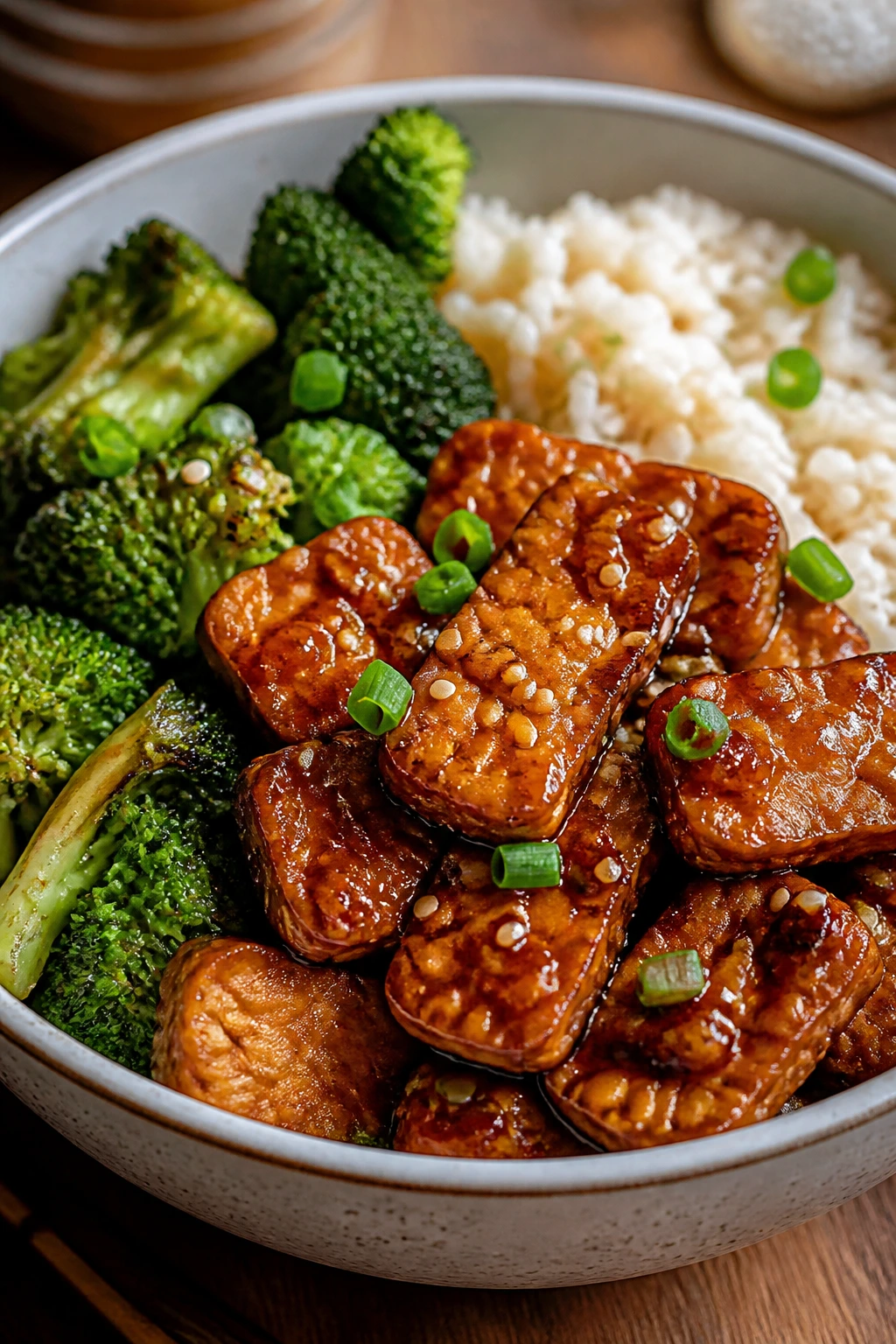 Tempeh teriyaki bowl with broccoli and rice in a kitchen setting