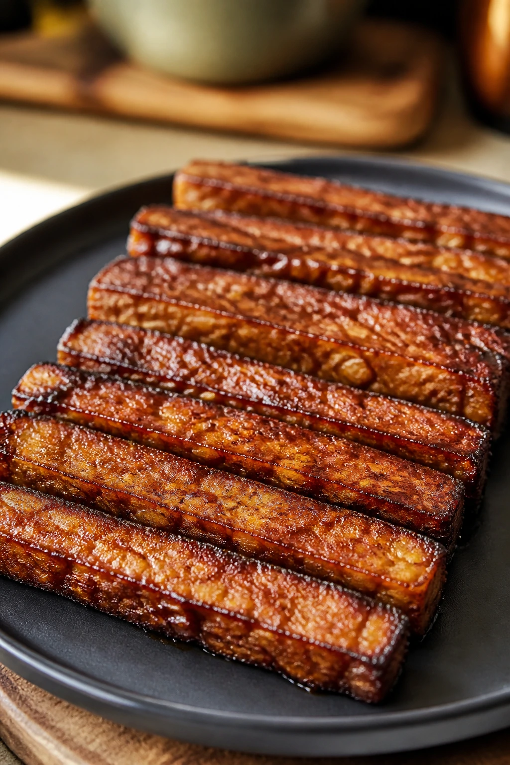 Glossy teriyaki tempeh strips on a plate