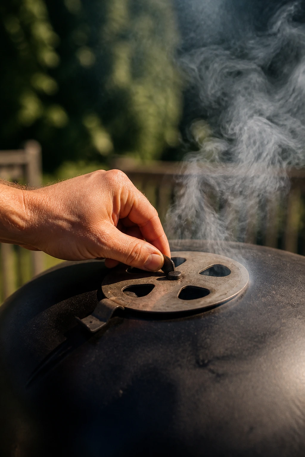 Close-up of a hand adjusting a smoker vent to control temperature in an outdoor setting.