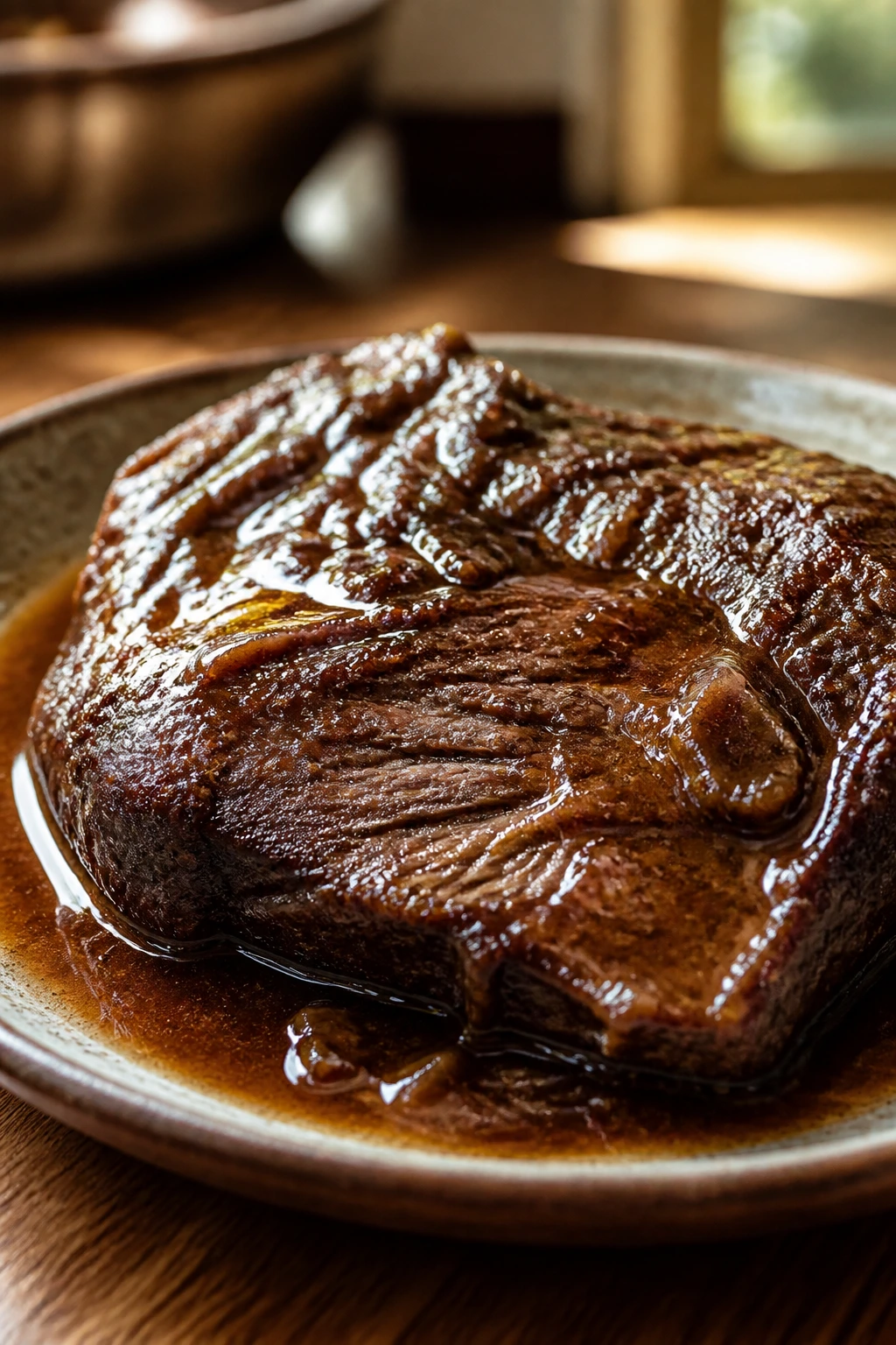 Close-up of tender braised beef slice on rustic plate with glossy sauce