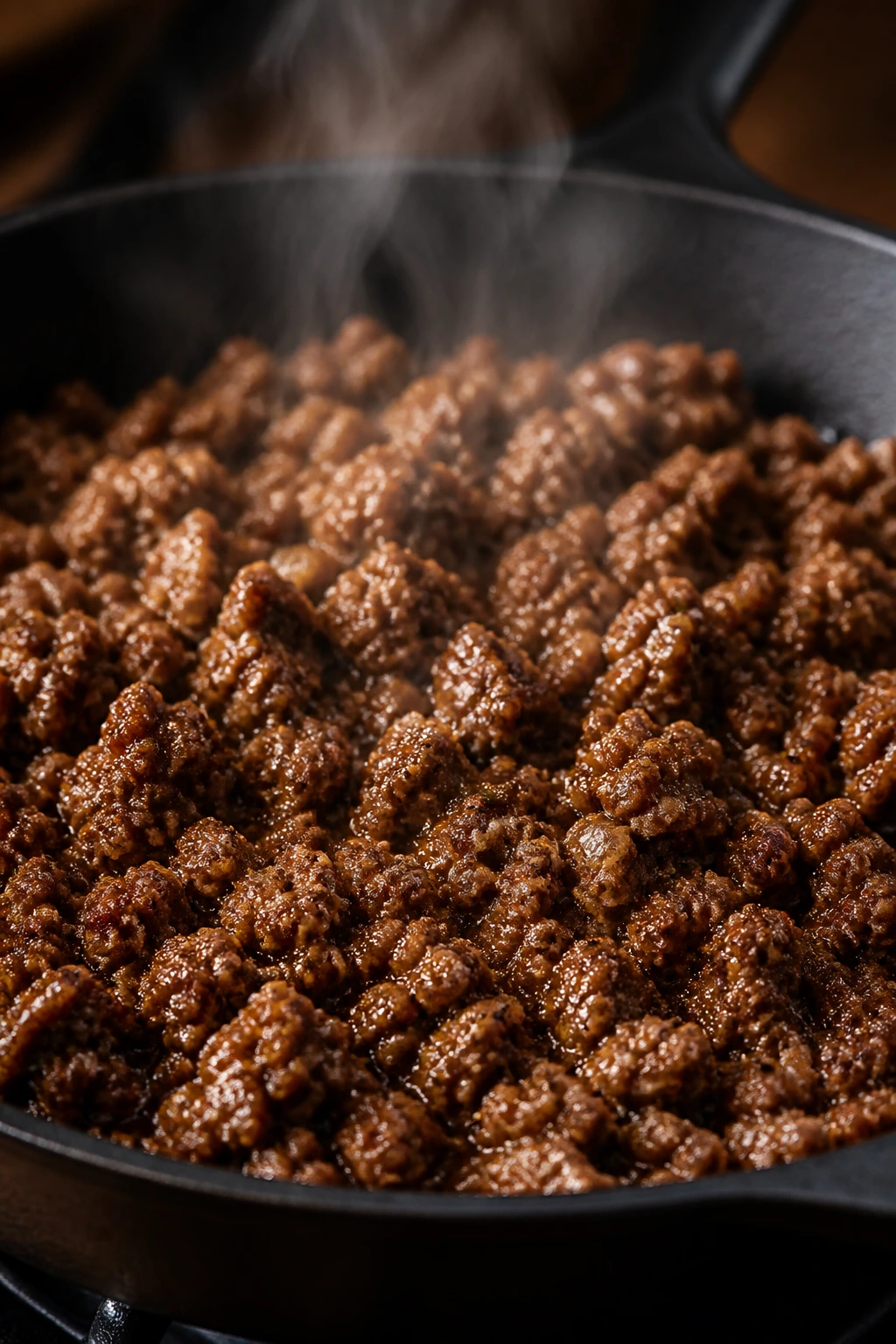 Close-up of tender seasoned ground beef browning in a skillet