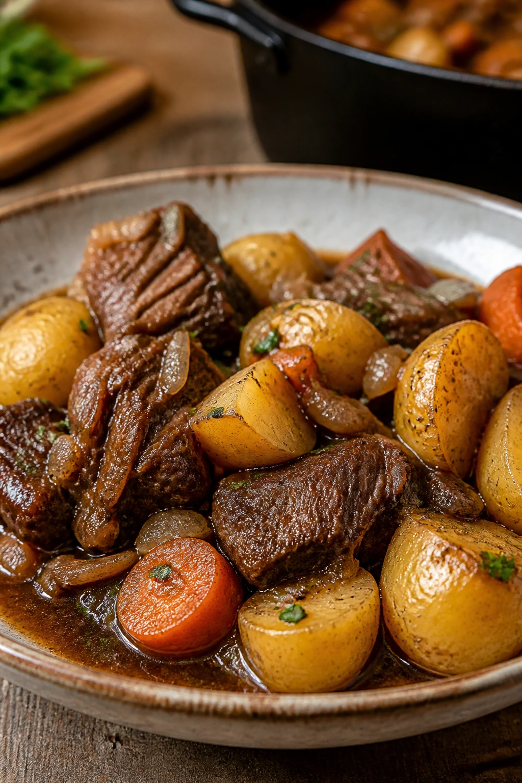 Close-up of tender beef and potatoes in braising sauce on a plate.