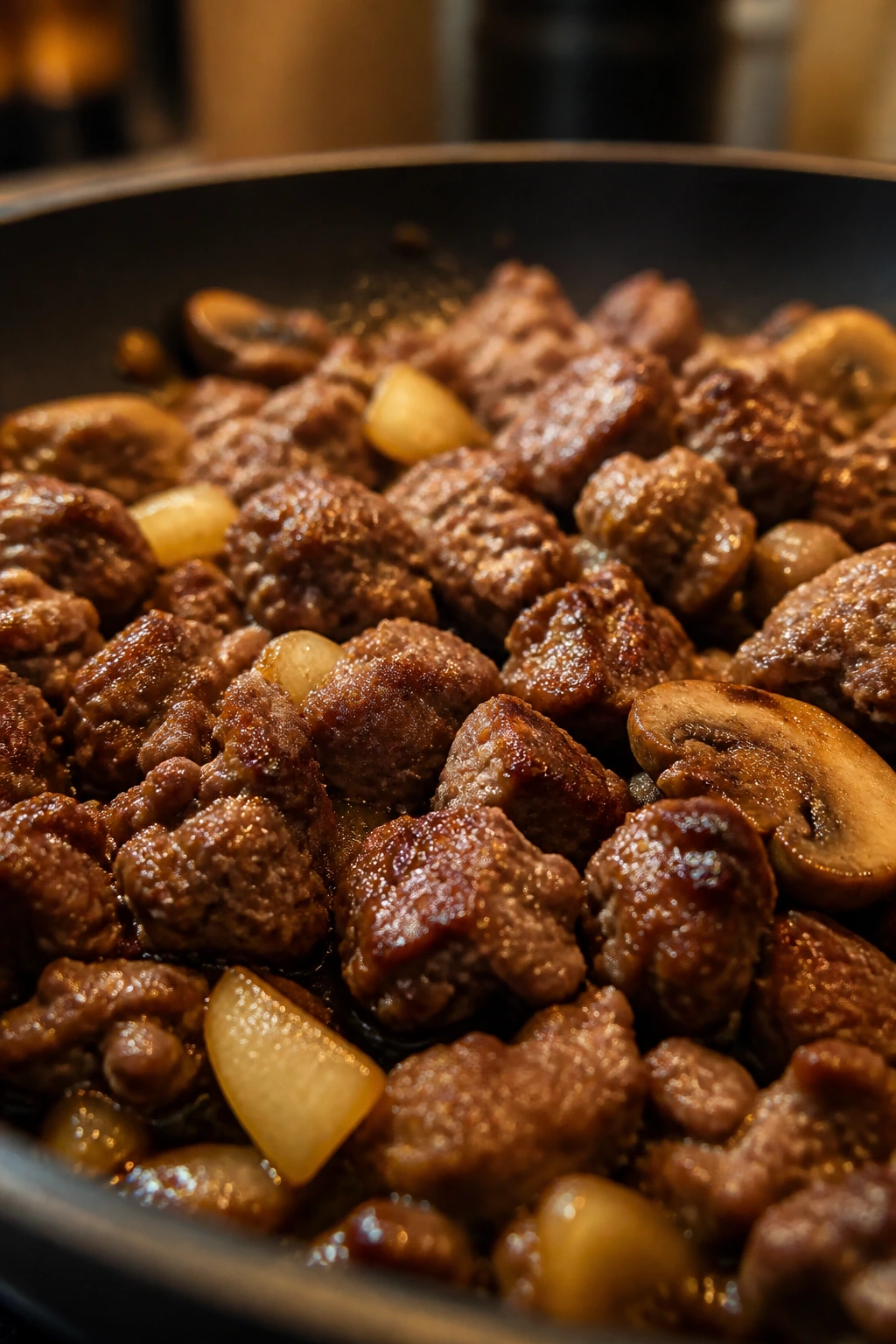 Close-up of tender-browned ground beef chunks in a skillet with vegetables in a home kitchen