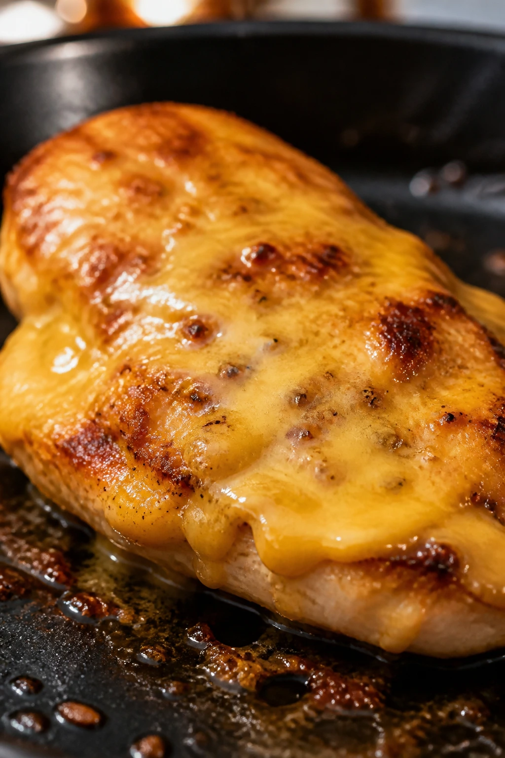 Close-up of juicy chicken with glossy cheese sauce in a skillet