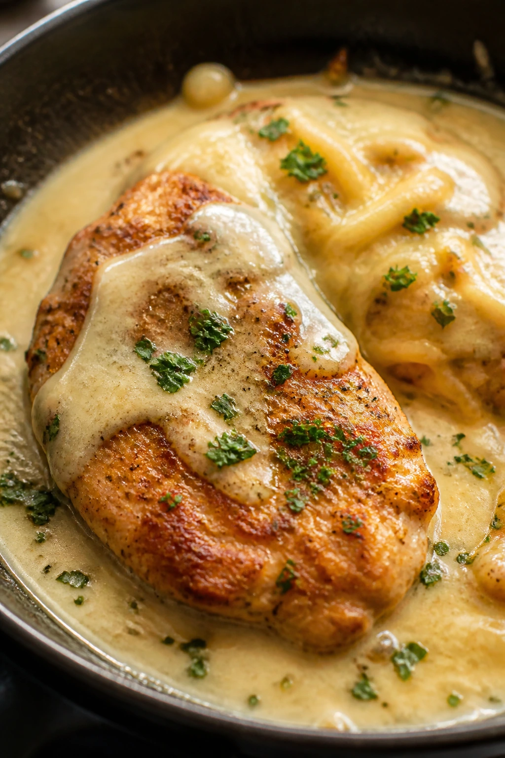 Juicy chicken with flour crust and glossy sauce