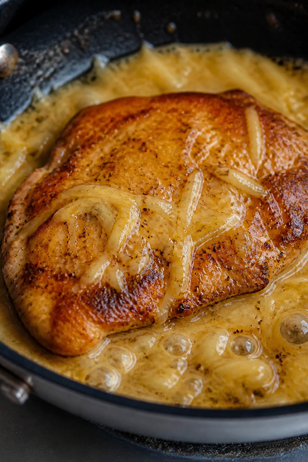 Juicy chicken cutlet browned in skillet with creamy sauce