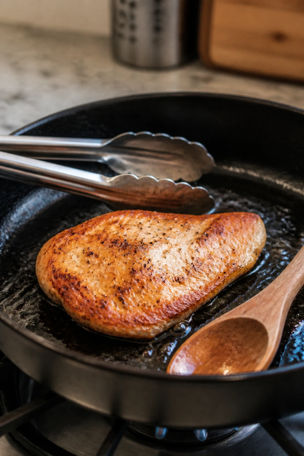 Searing chicken cutlet in skillet with tongs nearby