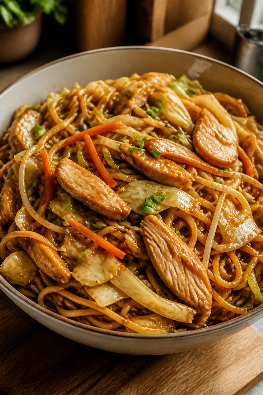 Close-up of Tender Chicken Chow Mein in a bowl showing glossy noodles and crisp vegetables