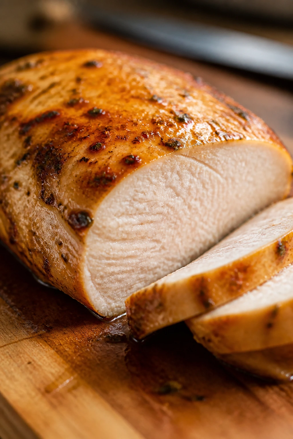 Tender chicken on wooden cutting board with glossy surface