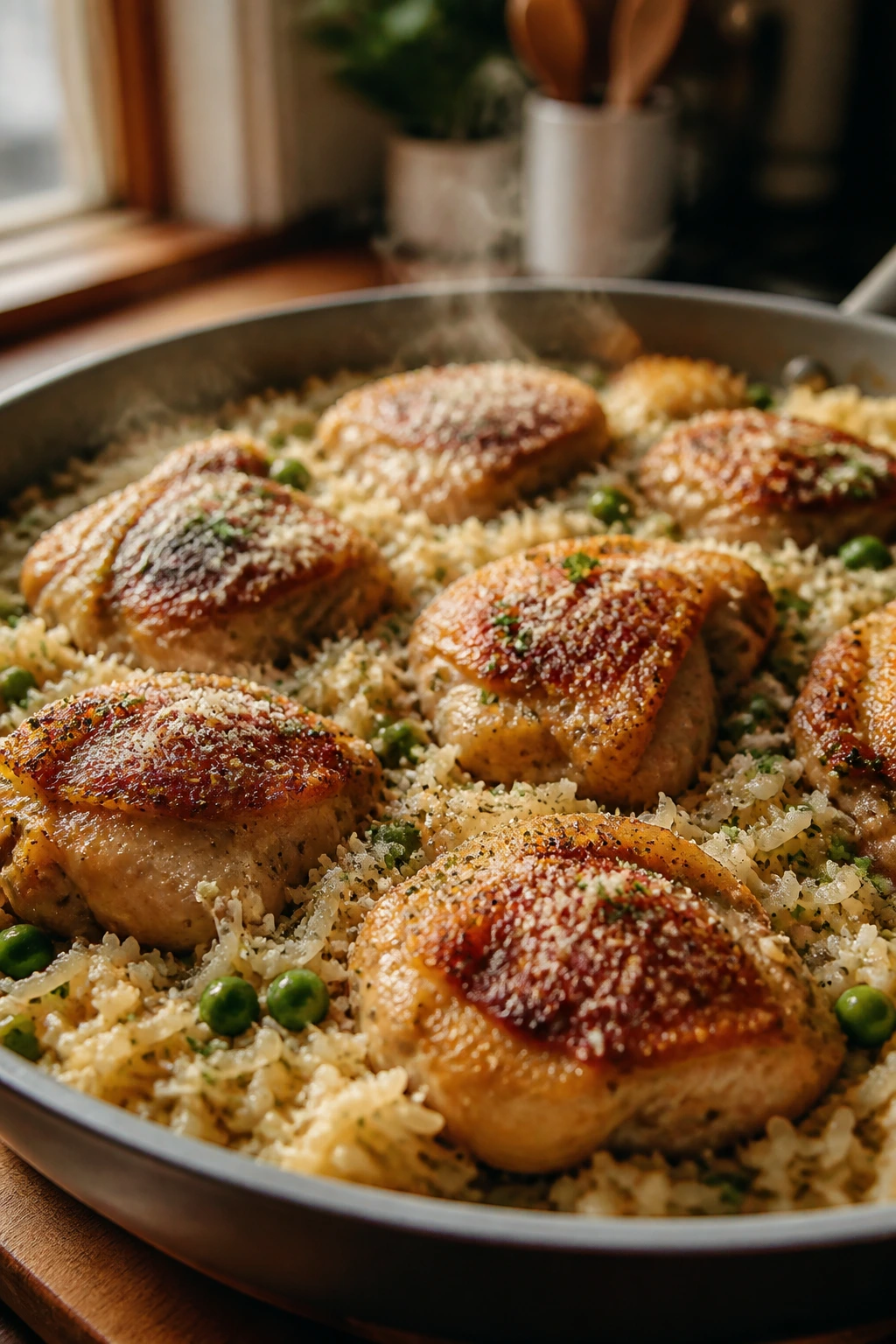 Close-up of tender chicken dinner in a skillet over rice and vegetables in a cozy kitchen