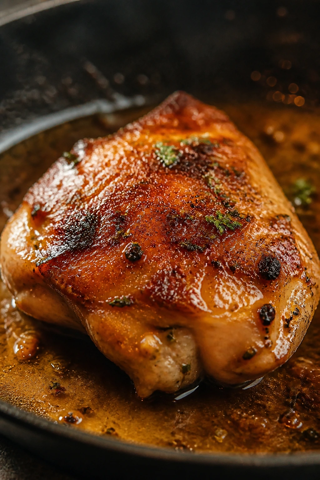Close-up of a pan-seared chicken thigh with glossy sauce in a skillet