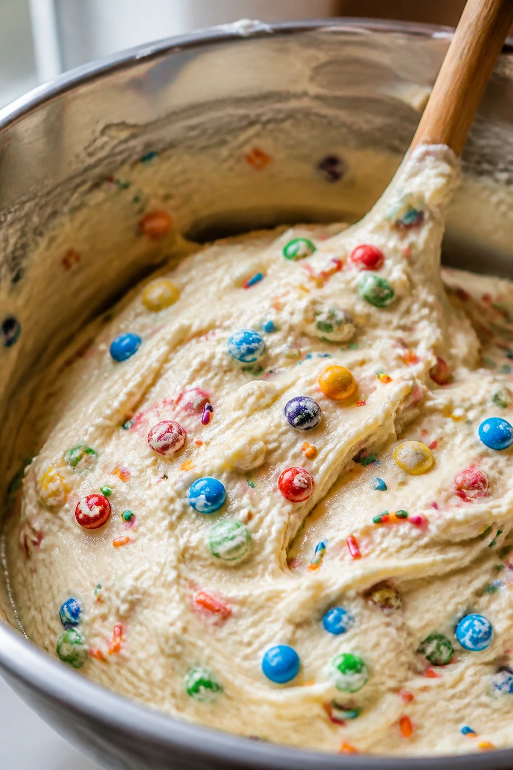Close-up of pale batter with candy pieces folded in