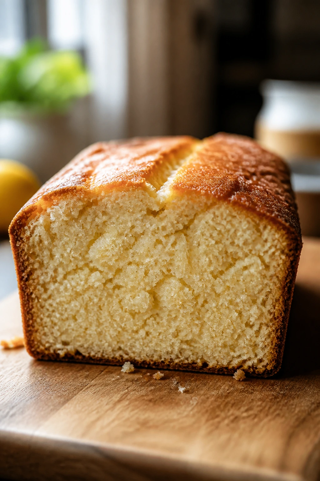 Moist loaf cake slice with tender crumb on cutting board