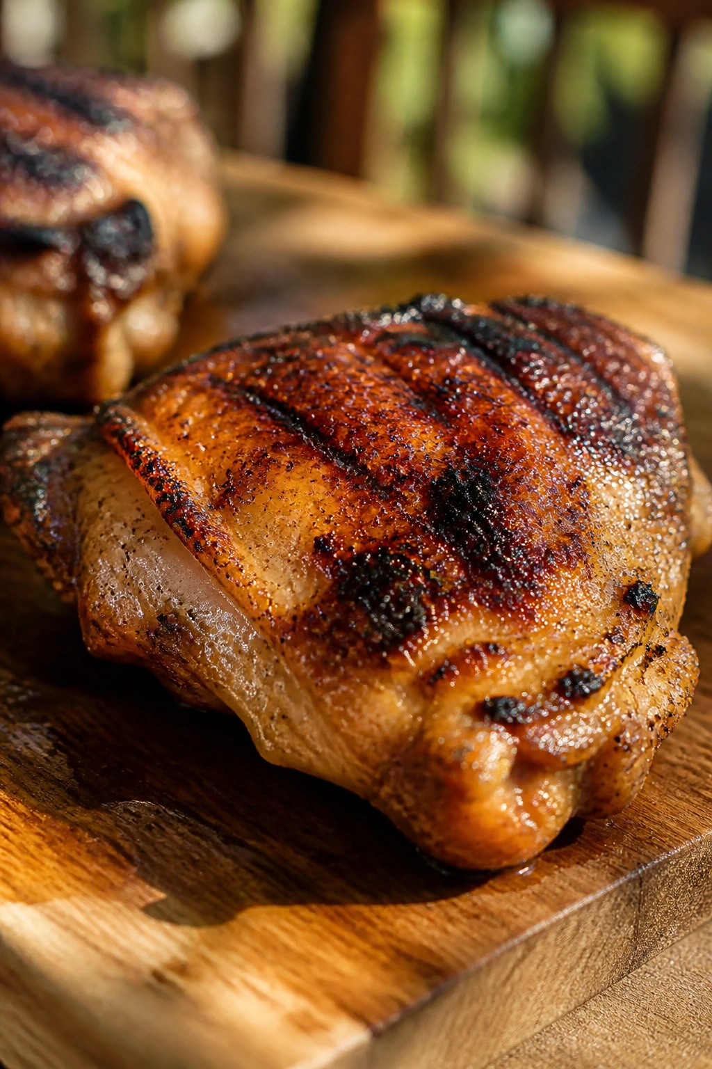Juicy chicken thigh resting on a cutting board outdoors