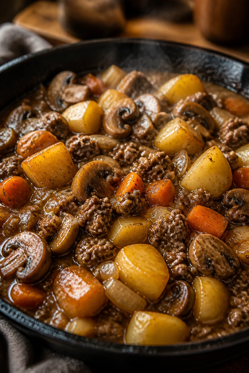 Close-up of tender ground beef dinner in a skillet with potatoes and vegetables in rich gravy