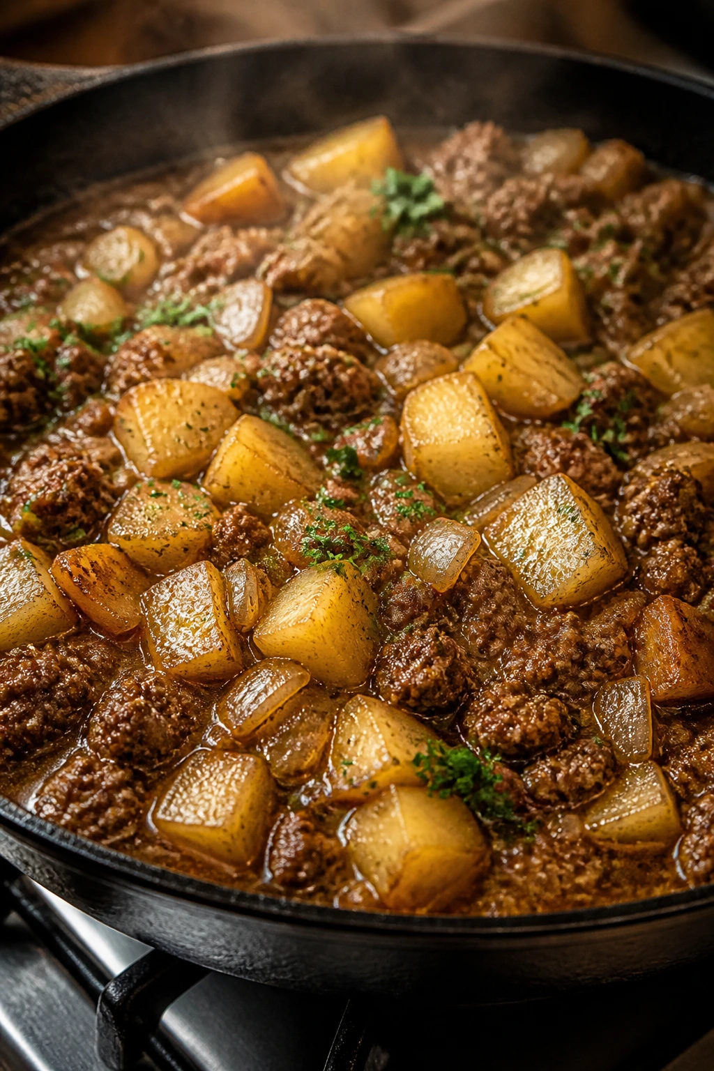 Close-up of Tender Hamburger and Potatoes in a skillet with gravy, steaming