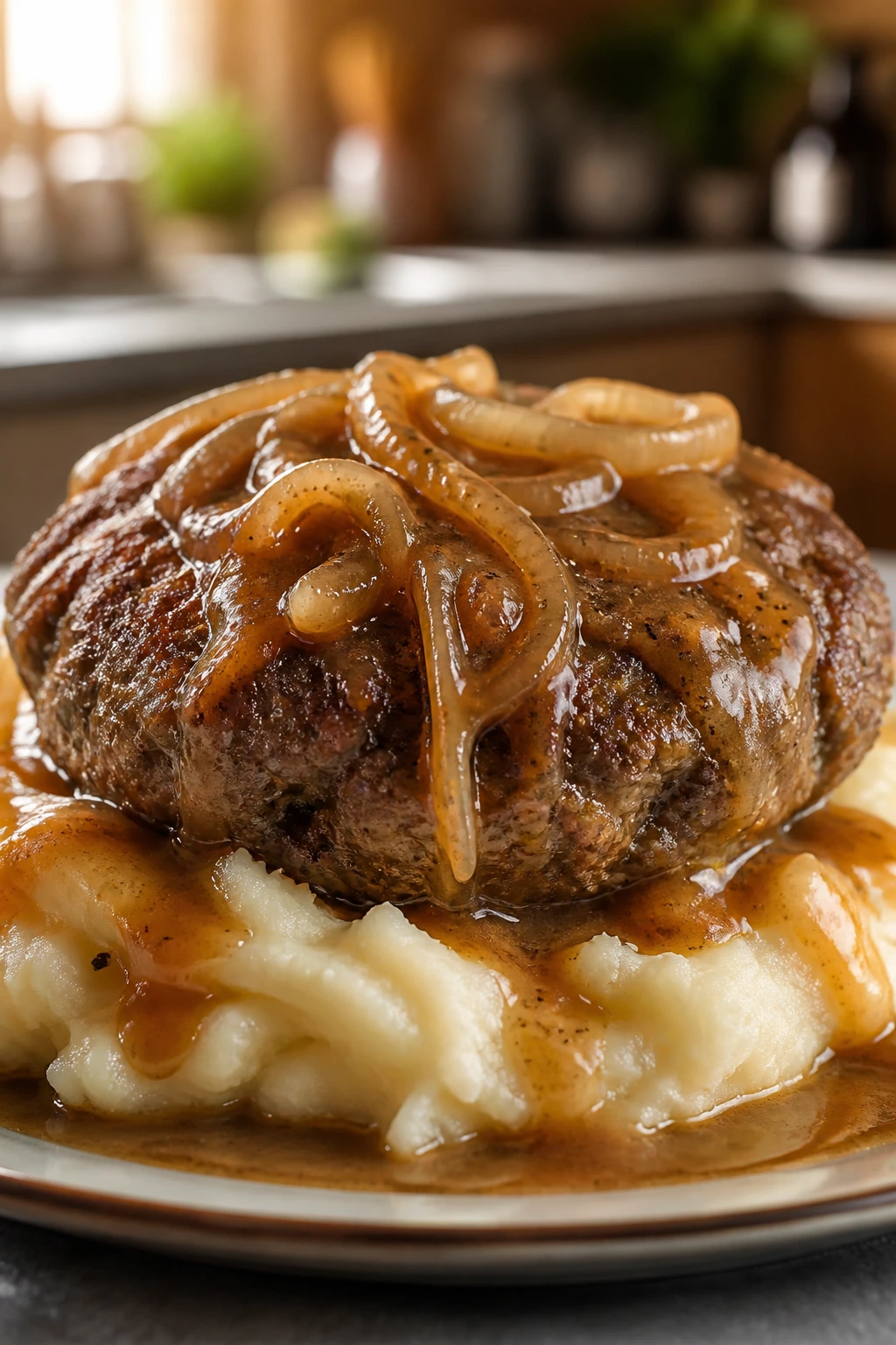 Juicy hamburger patty with onion gravy on mashed potatoes