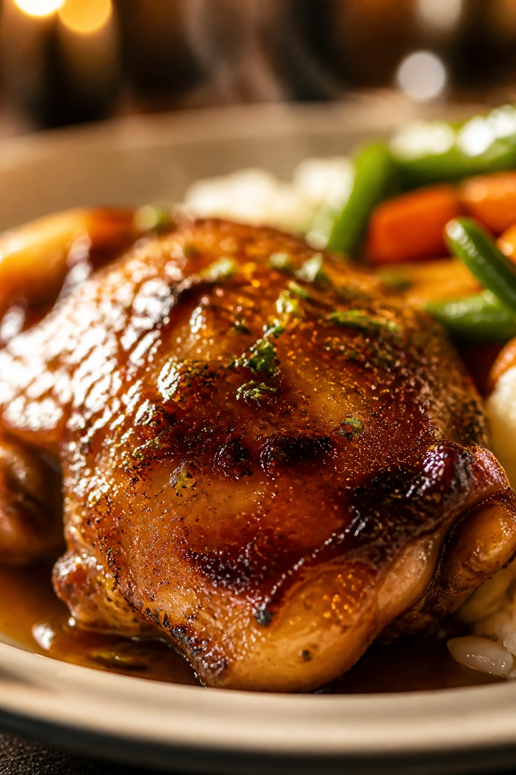 Juicy honey-glazed chicken thigh with steam on plate