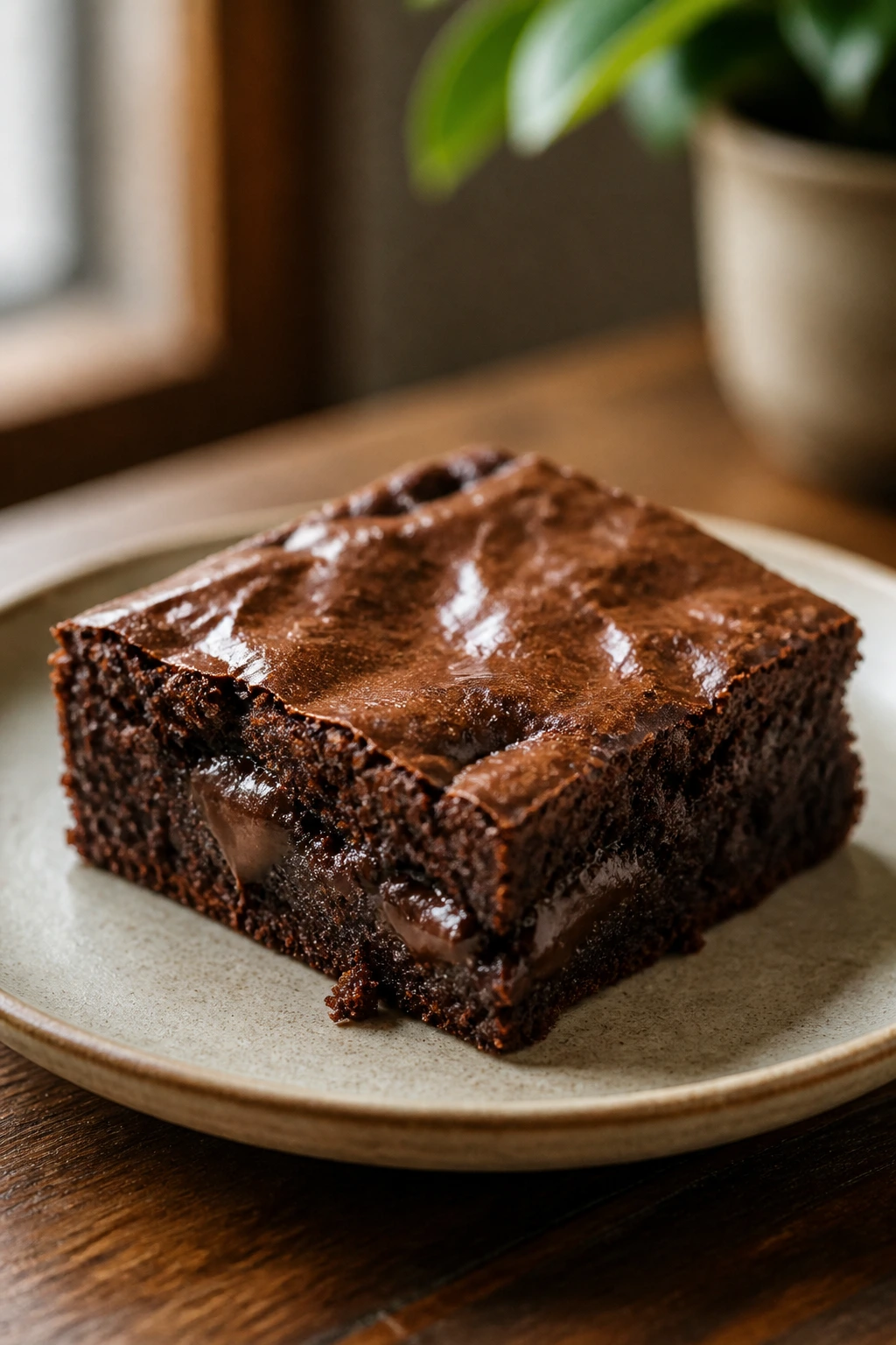 Fudgy brownie slice with soft center in warm kitchen light