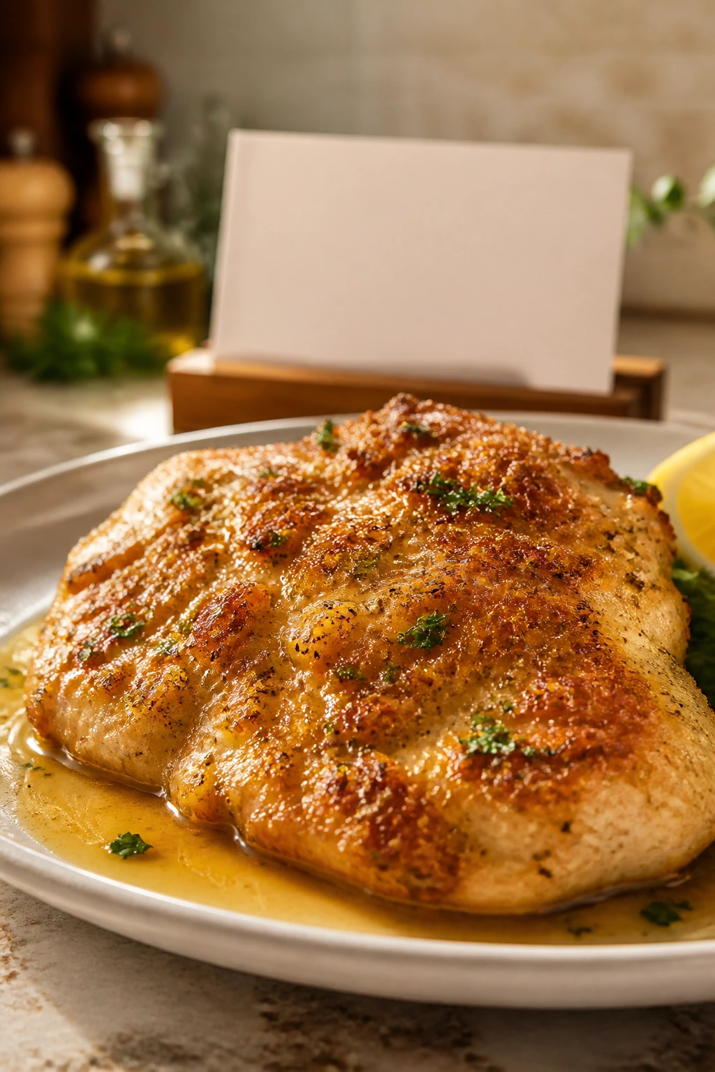 Golden chicken cutlet on plate with blurred recipe card in background.