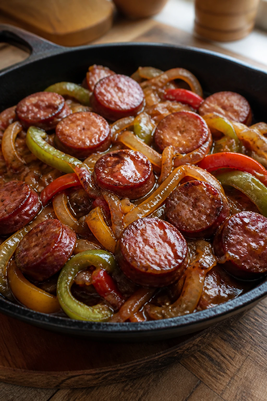 Sausage and onions in glossy brown sugar glaze on wooden counter