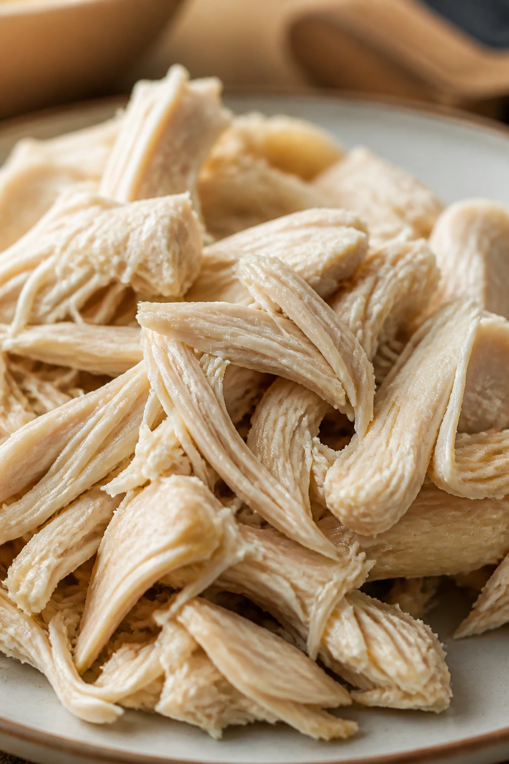 Tender shredded chicken on a plate