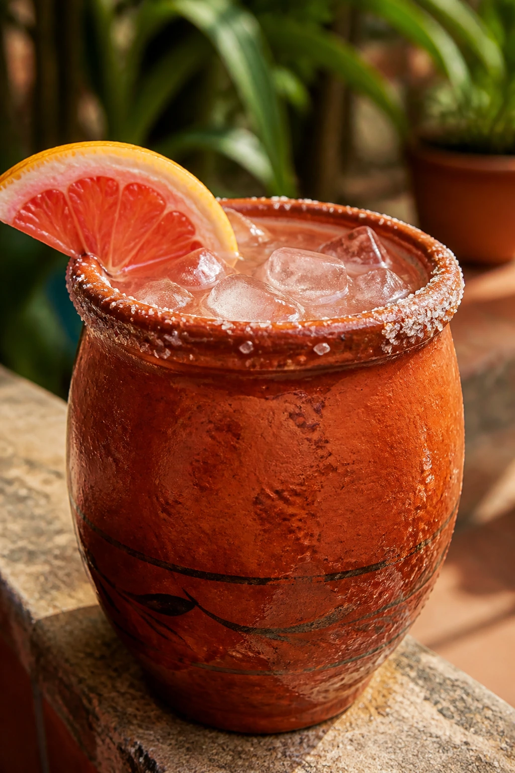 Close-up of Cantarito tequila cocktail in a clay cup with salt rim