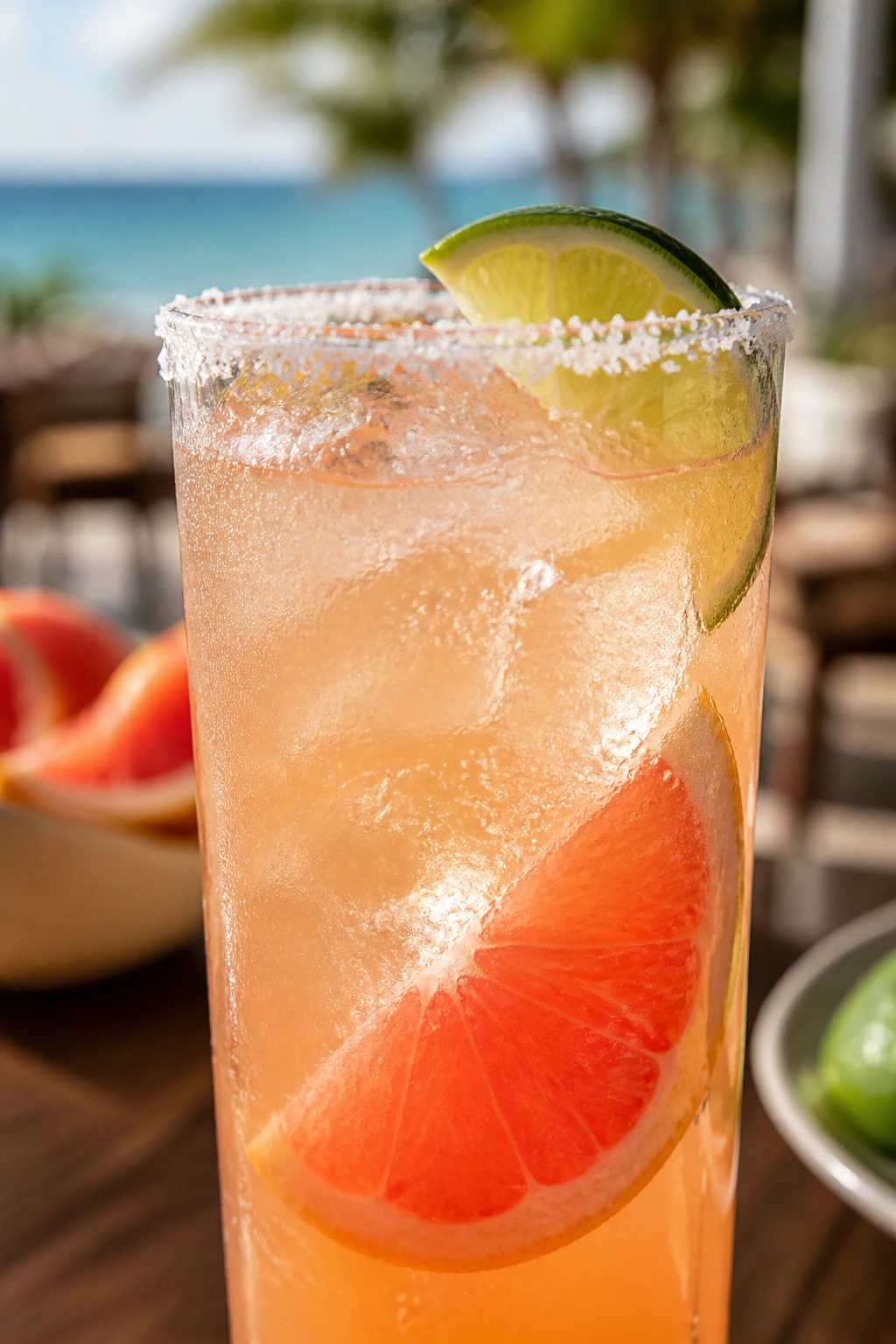 Tall glass of tequila grapefruit tonic with lime and salt rim