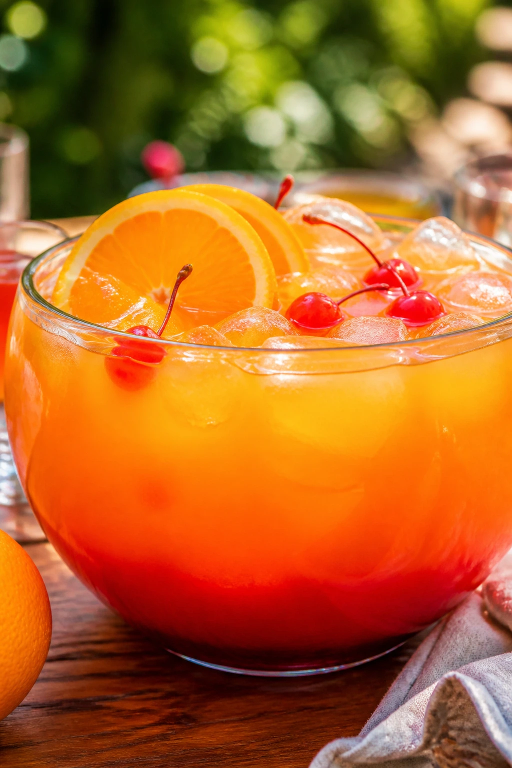 Close-up of Tequila Sunrise Punch glass with sunrise gradient and garnish outdoors