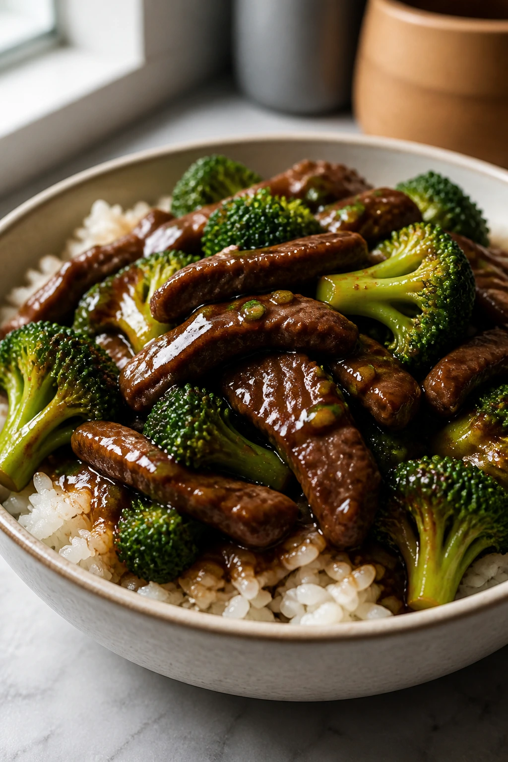 Close-up of Teriyaki Beef and Broccoli Bowls with beef and broccoli over rice