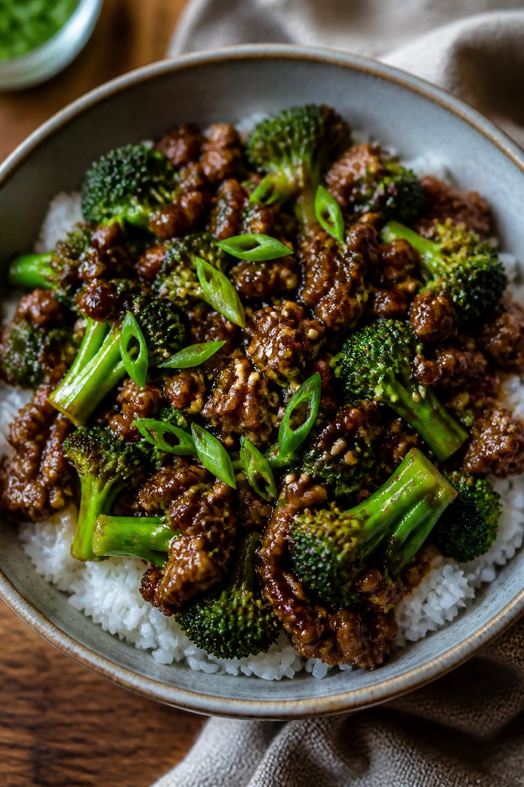 Overhead view of teriyaki hamburger broccoli bowls over rice