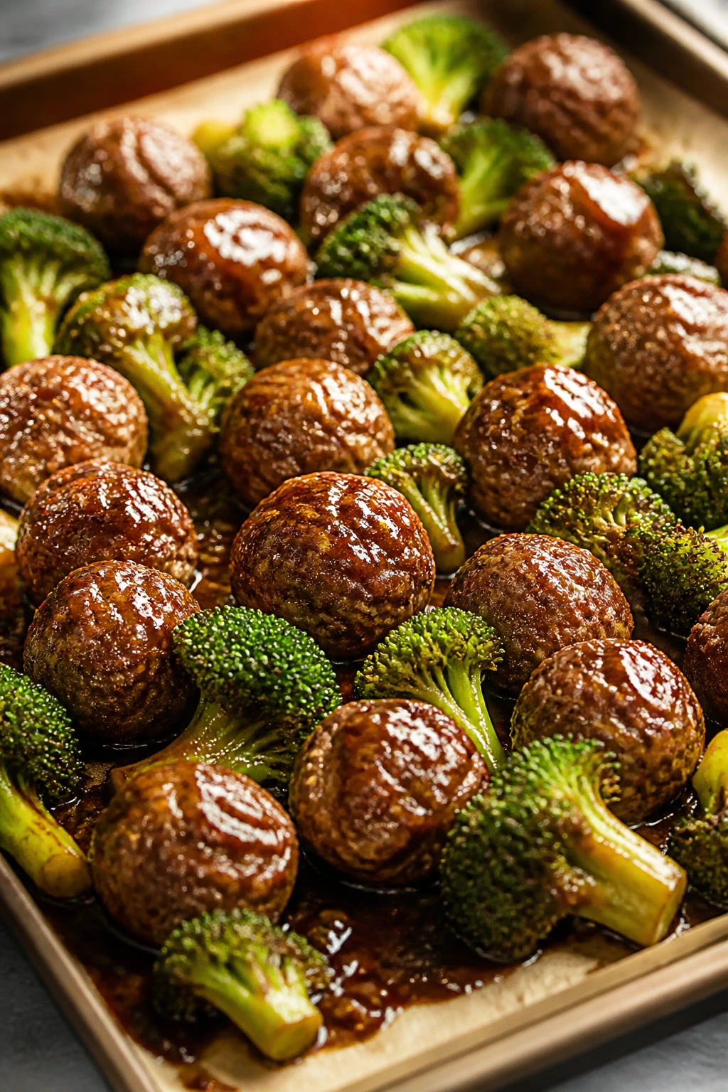 Close-up of glossy teriyaki beef meatballs with broccoli in pan sauce