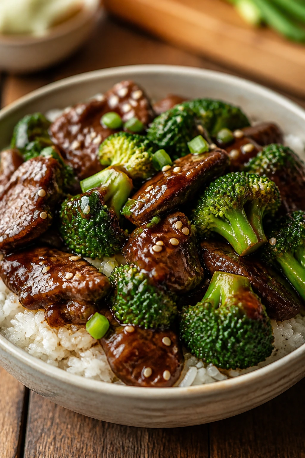 Glossy teriyaki beef and broccoli over rice in a bowl