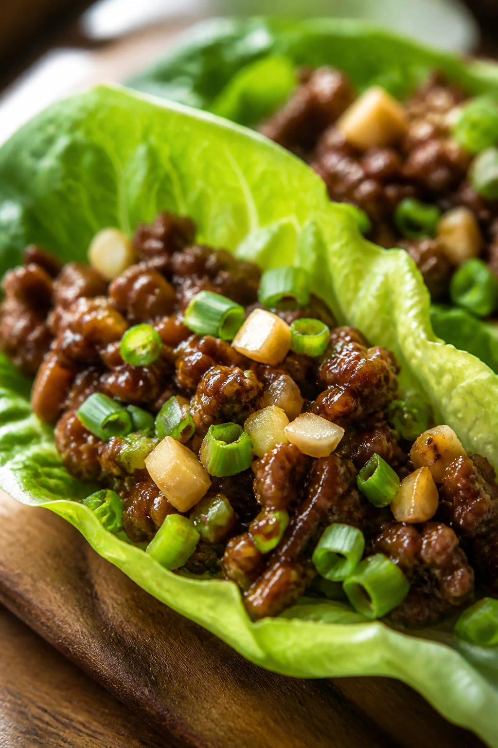Close-up of Teriyaki Beef Lettuce Wraps on a wooden board