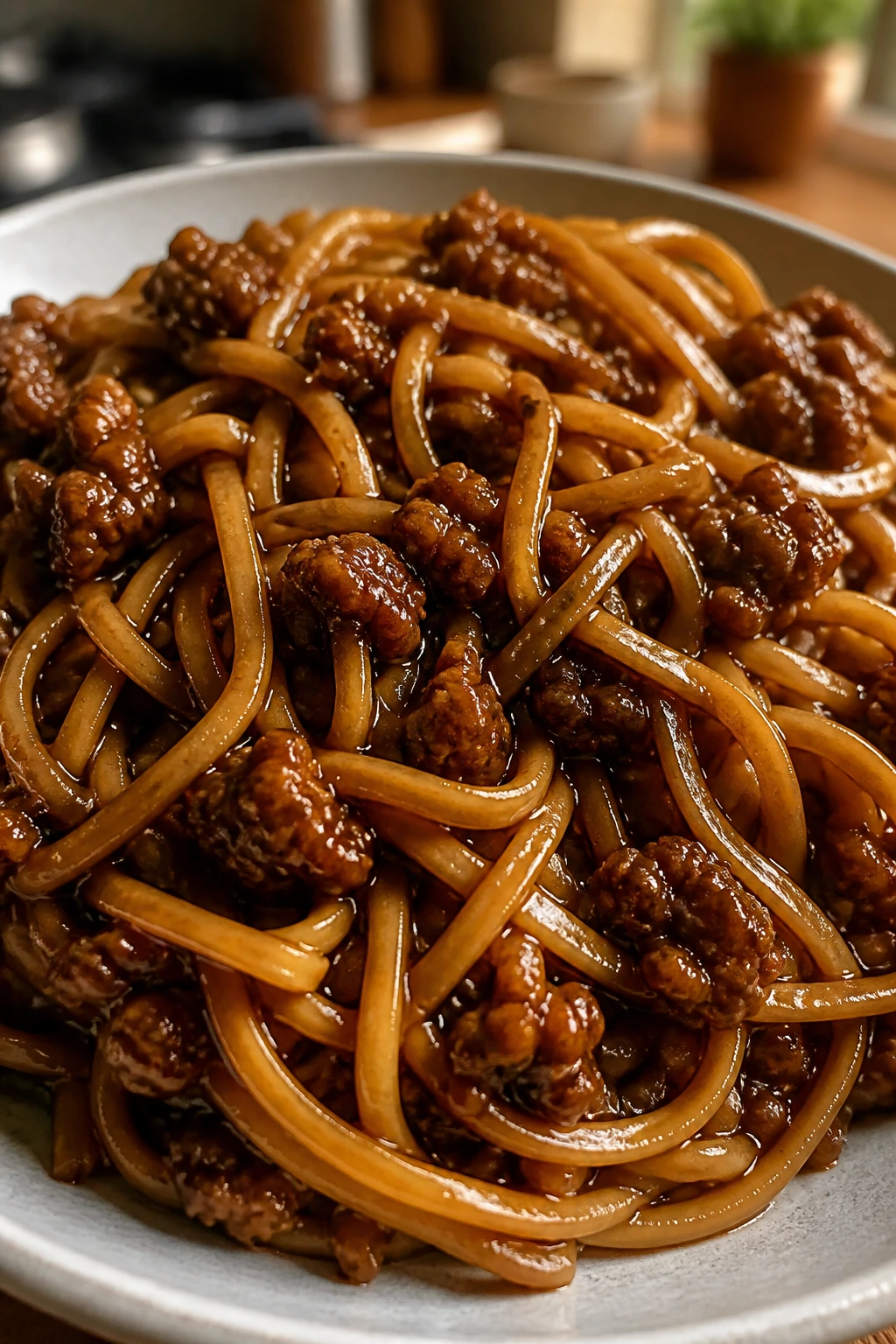 Glossy teriyaki beef noodles on a plate
