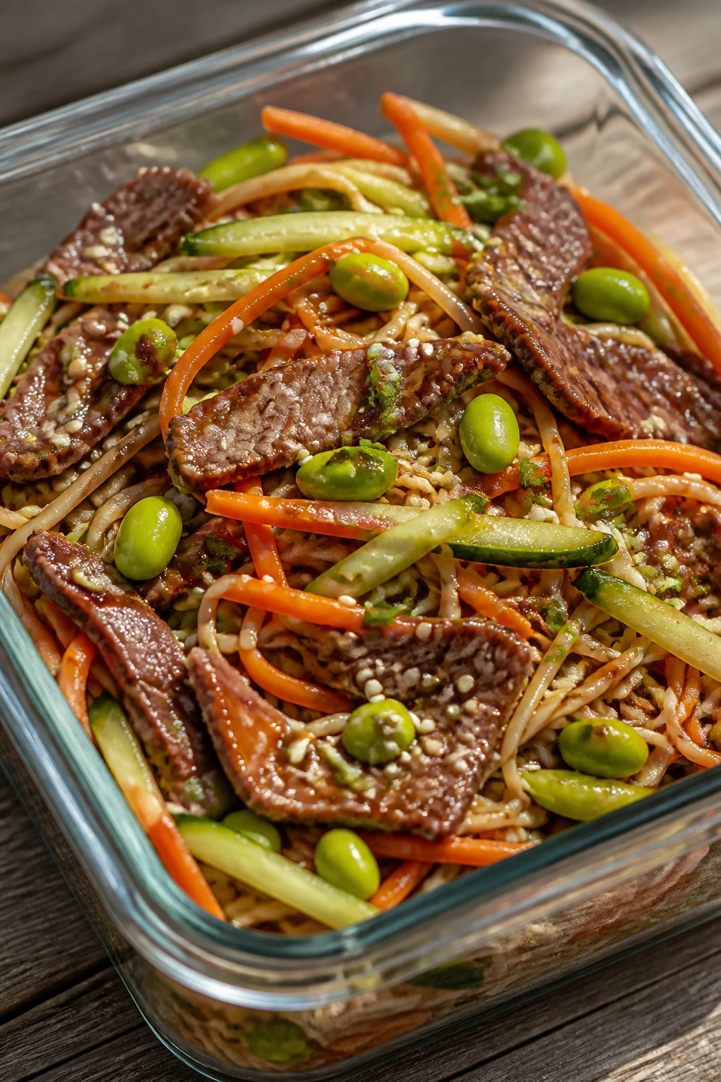Close-up of teriyaki beef noodle salad with veggies in a bowl