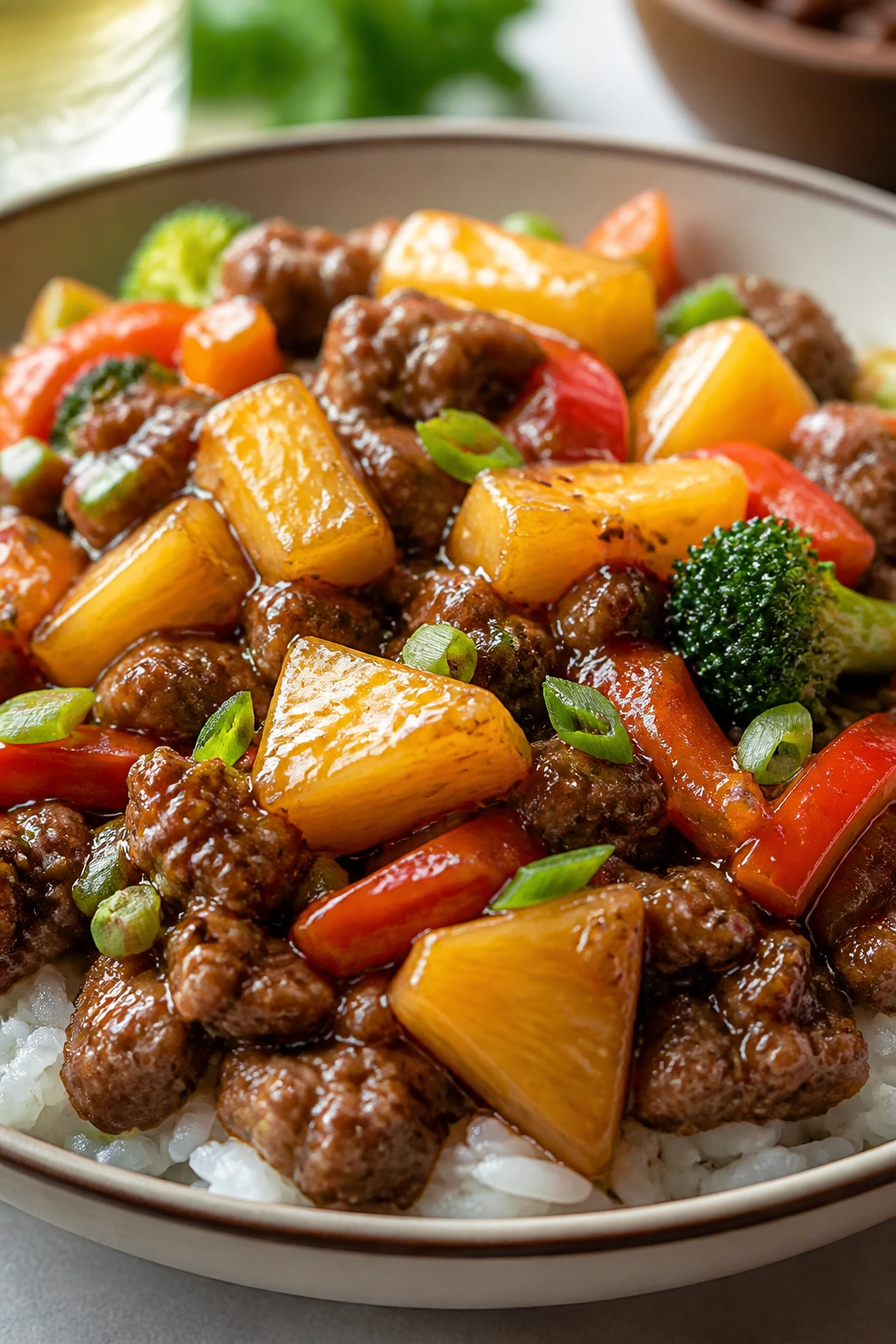 Close-up of teriyaki beef and pineapple bowls over rice