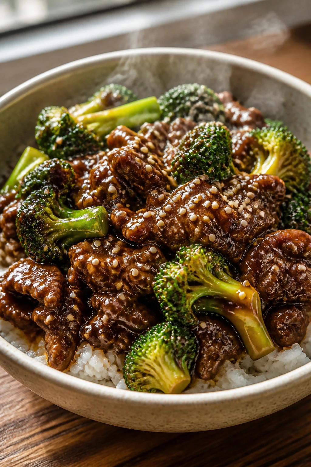 Bowl of teriyaki beef, broccoli, and rice with glossy glaze
