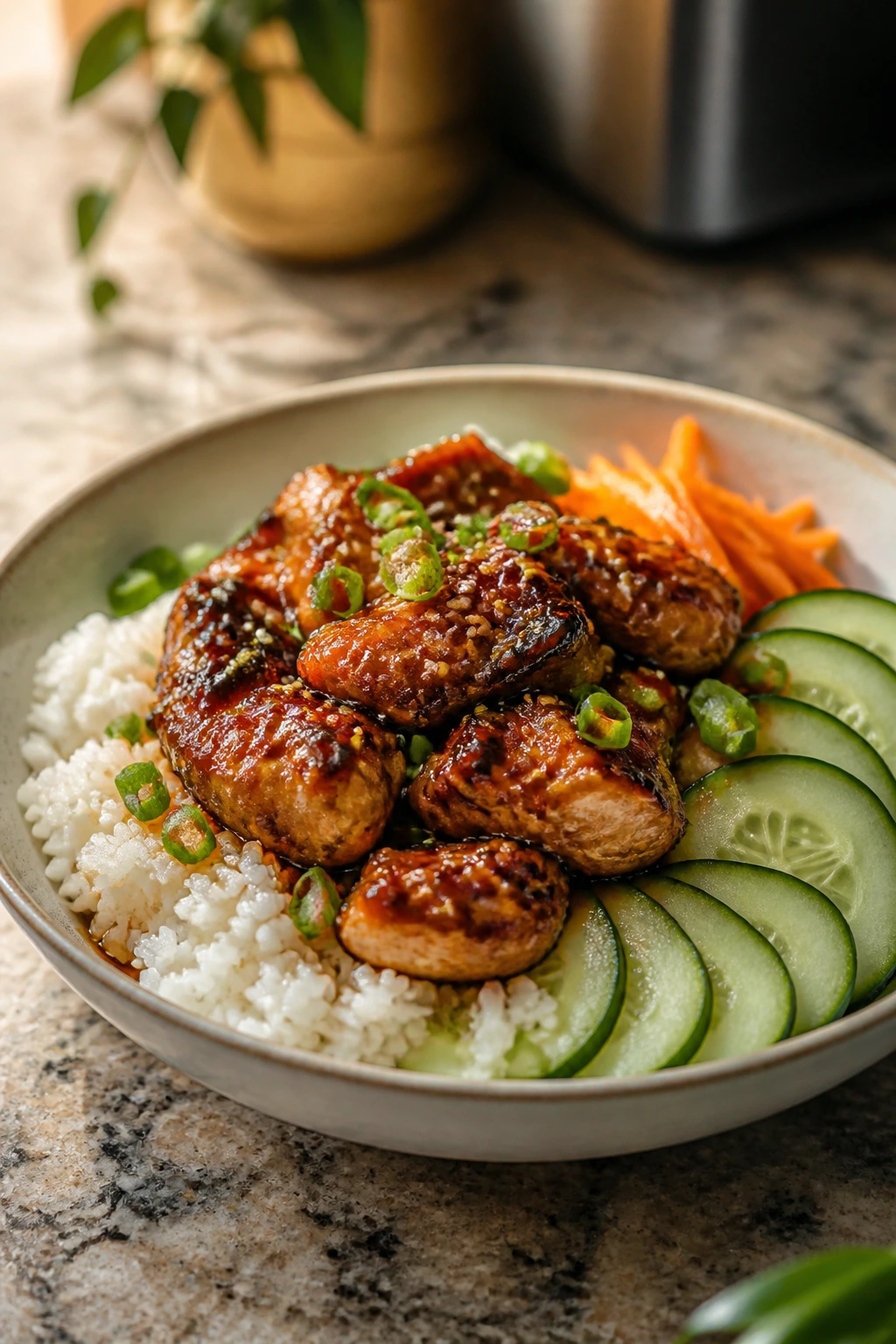 Assembled teriyaki bowl with rice, chicken, cucumber and scallions