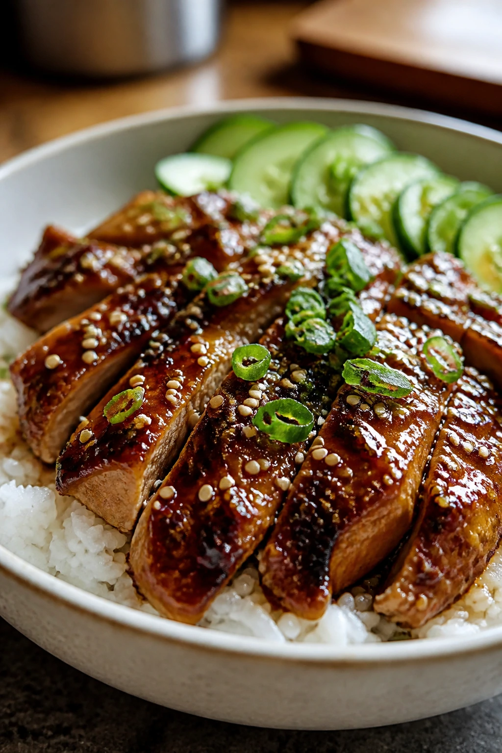 Close-up of glossy teriyaki chicken over jasmine rice with cucumber and sesame seeds