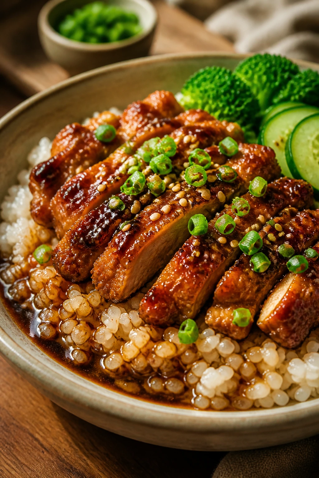 Beautifully plated teriyaki chicken bowl with rice and glaze