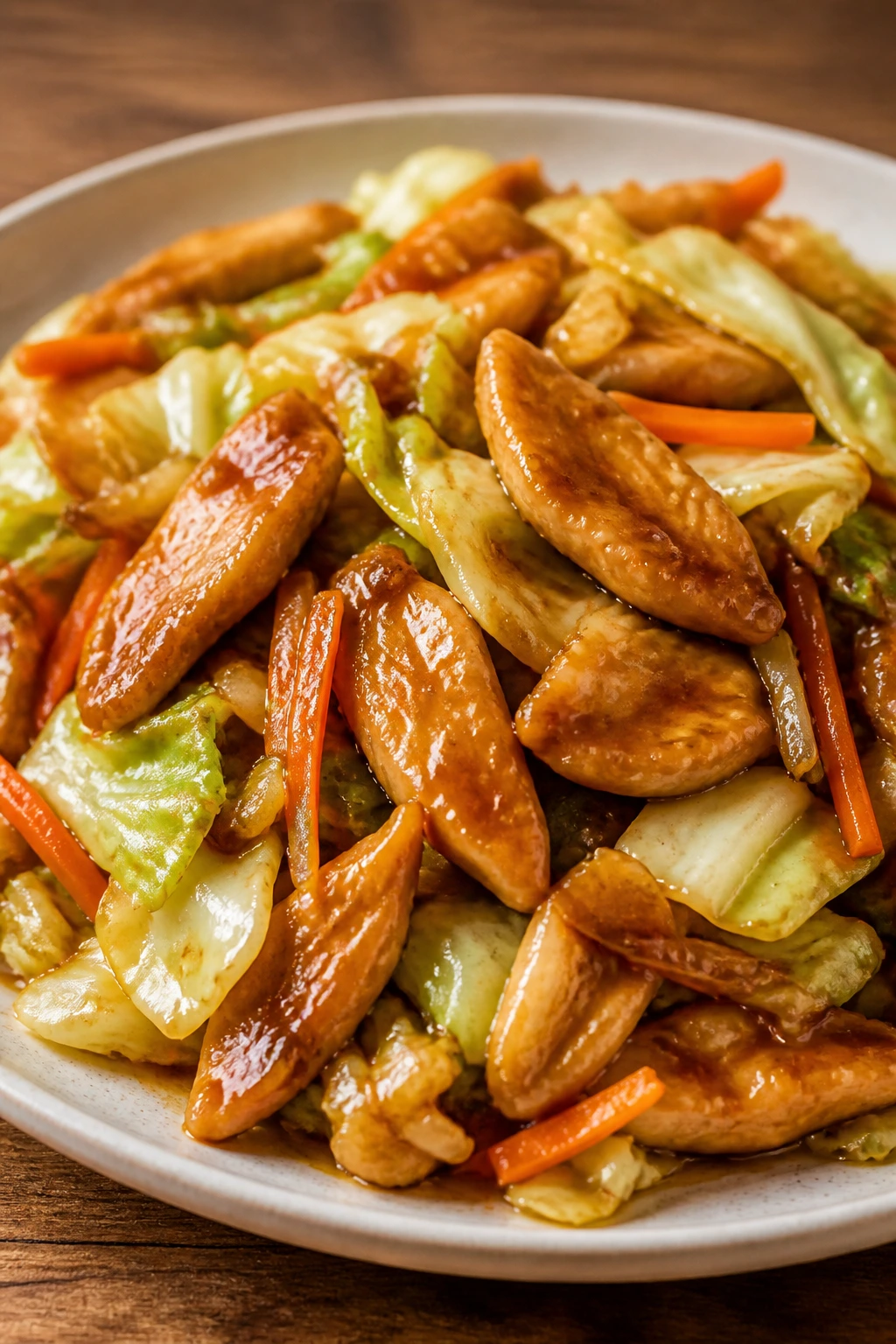Close-up of Teriyaki Chicken and Cabbage Stir-Fry on a plate