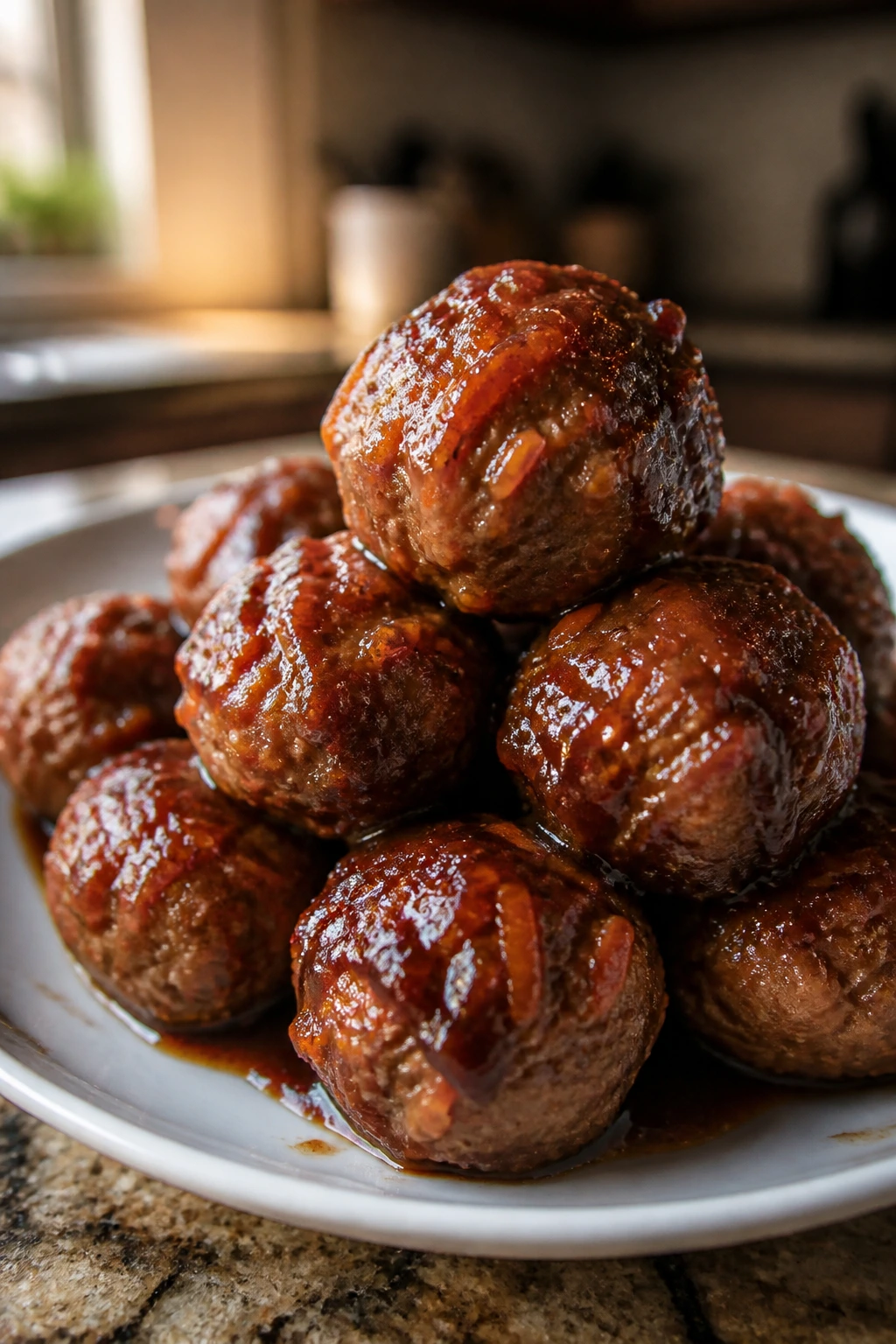 Close-up of glossy teriyaki carrot meatball on a white plate in a warm kitchen