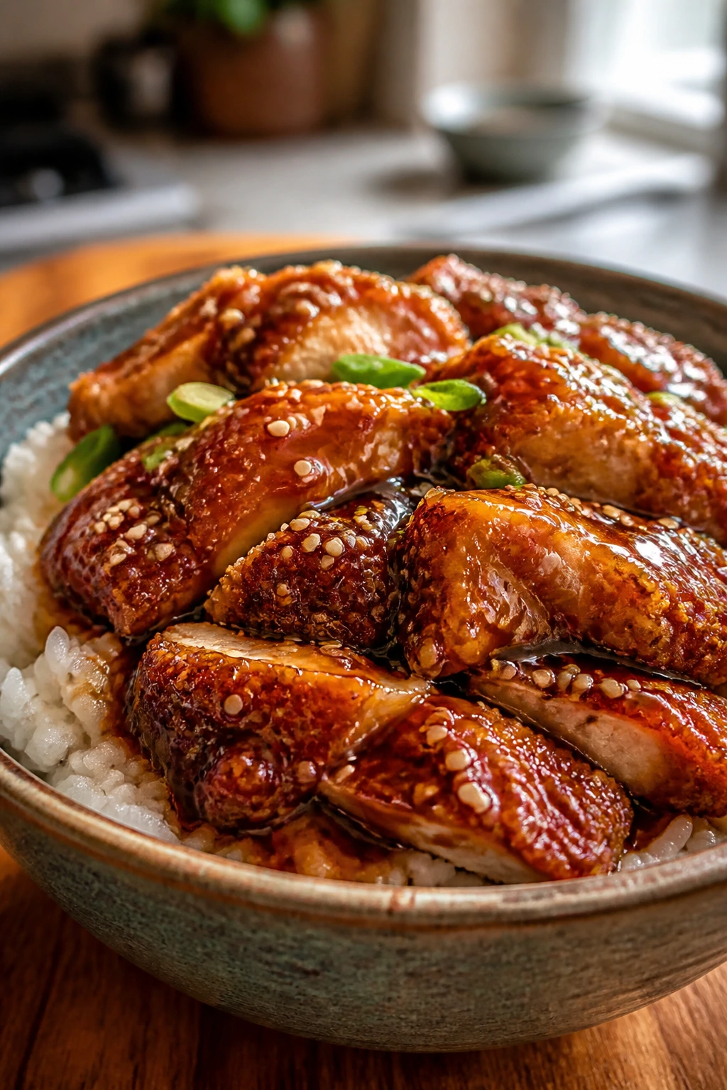 Close-up of a glossy teriyaki chicken bowl with rice and crisp chicken