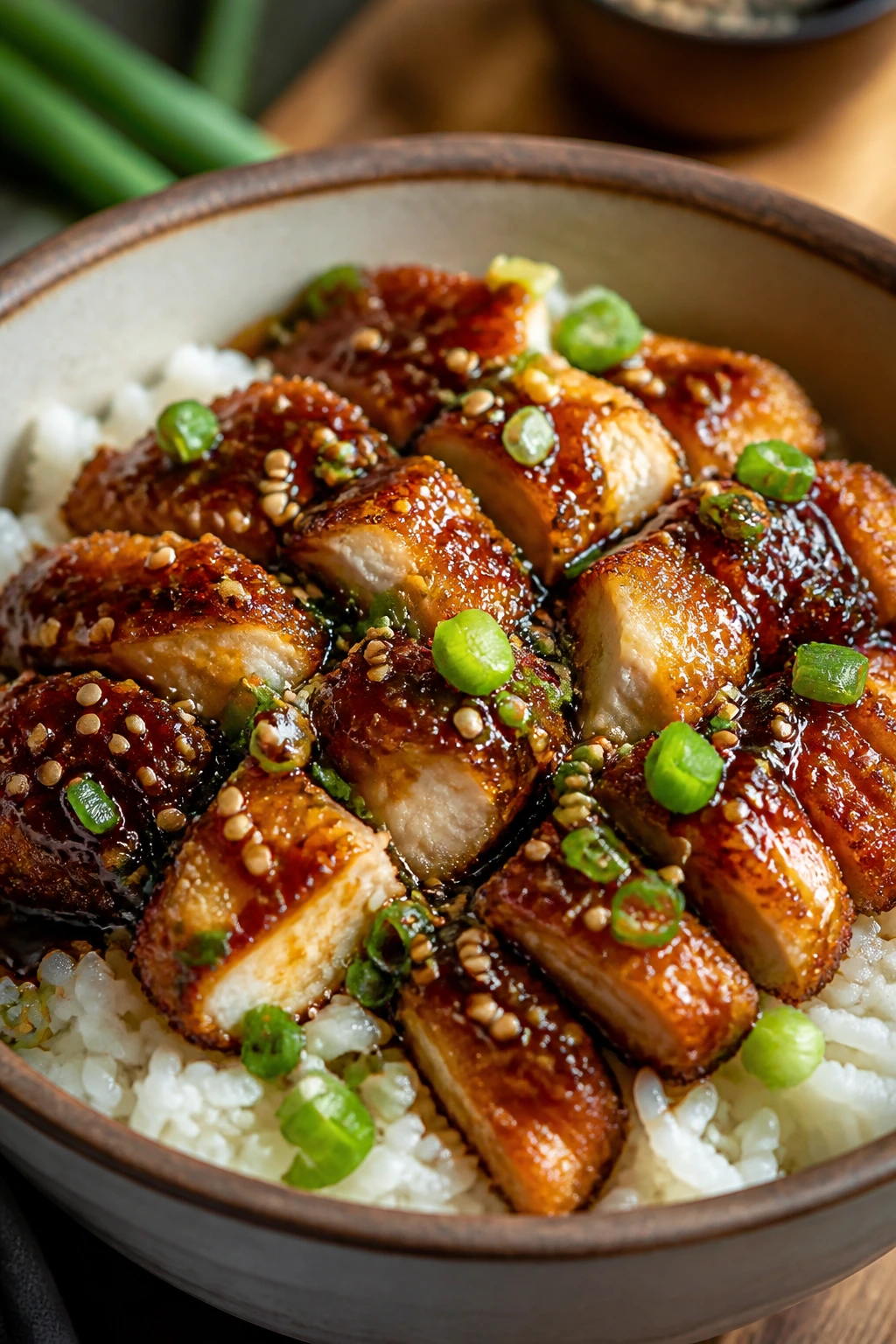 Close-up of glossy teriyaki chicken and rice bowl